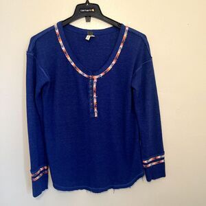 FREE PEOPLE We The Free Thermal Henley Embroidered Boho Long Sleeve, Blue- Large